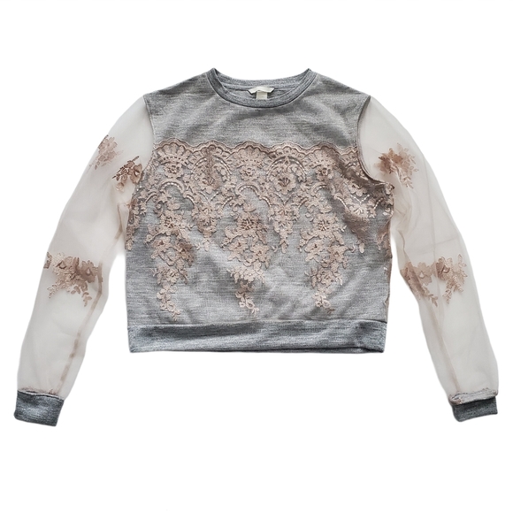 H&M Sweaters - H&M Gray Sheer Sleeve Lace Crew Neck Sweater M NWT